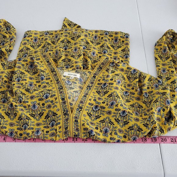 Max Studio Womens Tie Front Blouse Size L Yellow Floral Smocked Back 3/4 Sleeve - Picture 8 of 10